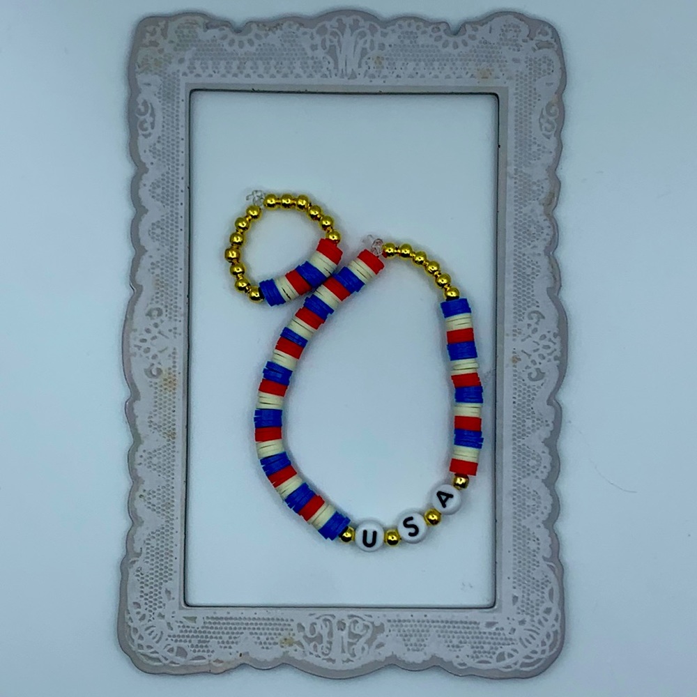 Clay bead set bracelet+ring 4th of July “USA”